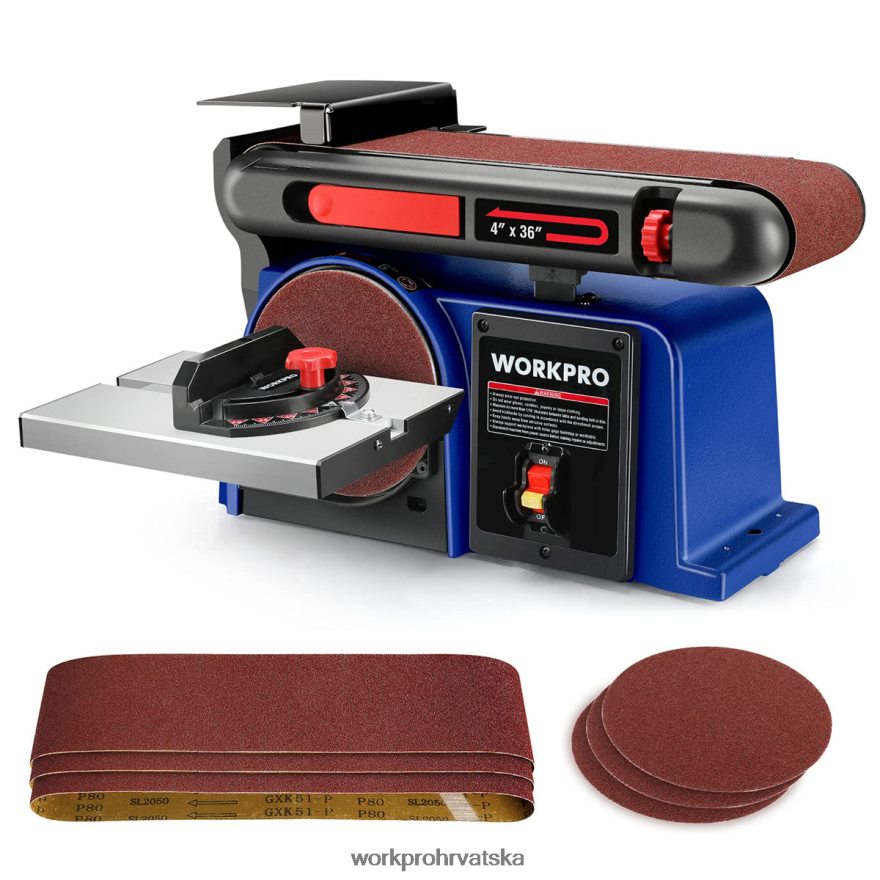 tračna brusilica s diskom, 4 in. x 36 in. tračna brusilica s diskom od 6 in. sa 6 brusnih papira, baza od lijevanog željeza za brušenje drva 404RPX235 koristan WORKPRO alat