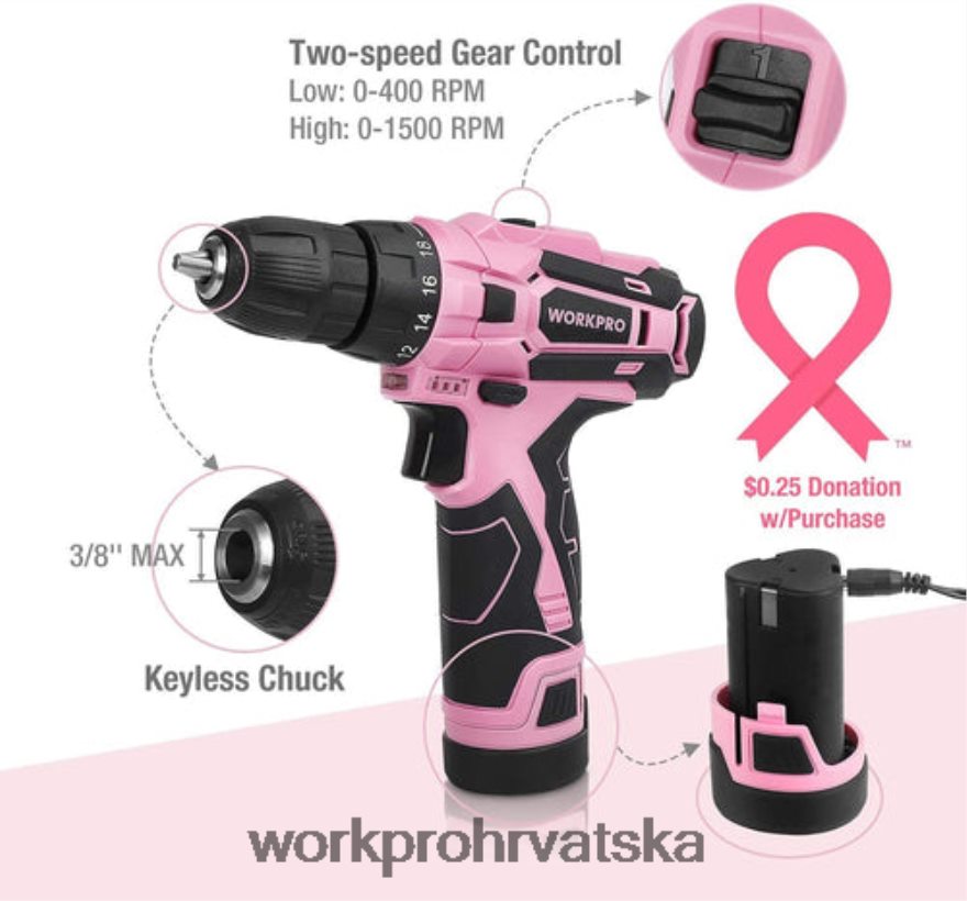 Komplet akumulatorske bušilice od 12 V & komplet alata od 103 komada & set magnetskih odvijača od 8 komada i pištolj za spajalice 6 u 1 404RPX315 ružičasta WORKPRO alat