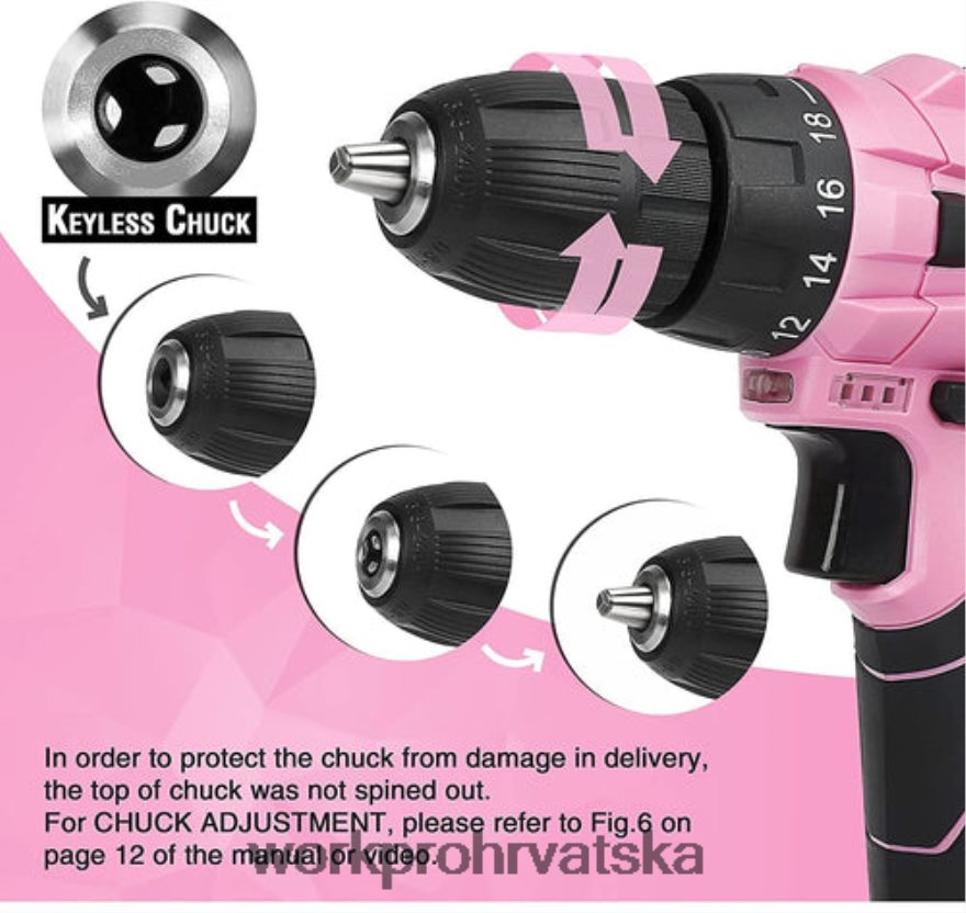 Komplet akumulatorske bušilice od 12 V & komplet alata od 103 komada & set magnetskih odvijača od 8 komada i pištolj za spajalice 6 u 1 404RPX315 ružičasta WORKPRO alat