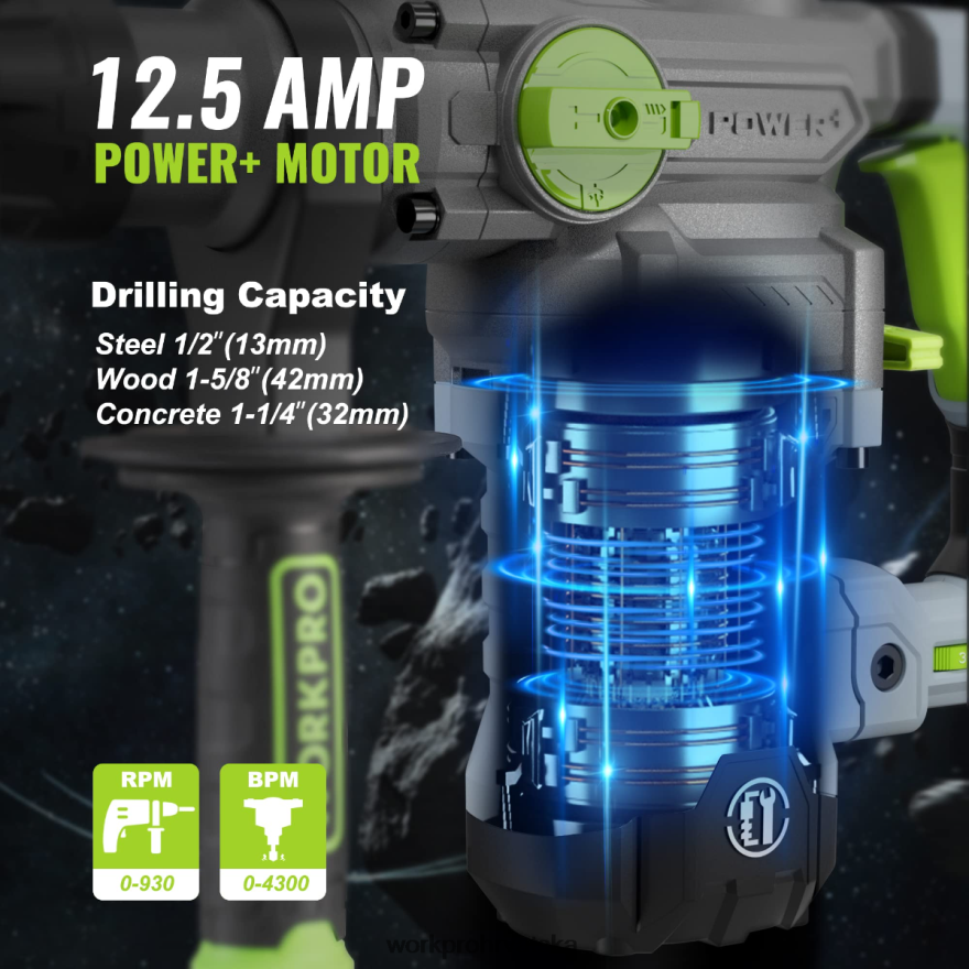 12,5 ampera 1-1/4 inča premium sds-plus bušilica s čekićem, izvedba s kablom za teške uvjete rada 404RPX179 koristan WORKPRO alat