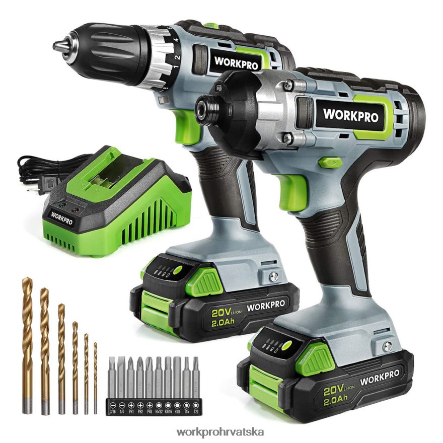 Kombinirani komplet bežične bušilice od 20 V, bušilice i udarne bušilice s 2 baterije od 2,0 ah i brzim punjačem od 1 sata 404RPX169 koristan WORKPRO alat