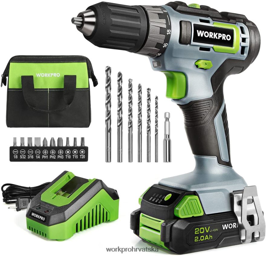 Komplet bežične bušilice od 20 V, litij-ionska baterija od 2,0 ah, brzi punjač od 1 sata i torba za pohranu od 11 inča uključeni su 404RPX176 zelena WORKPRO alat