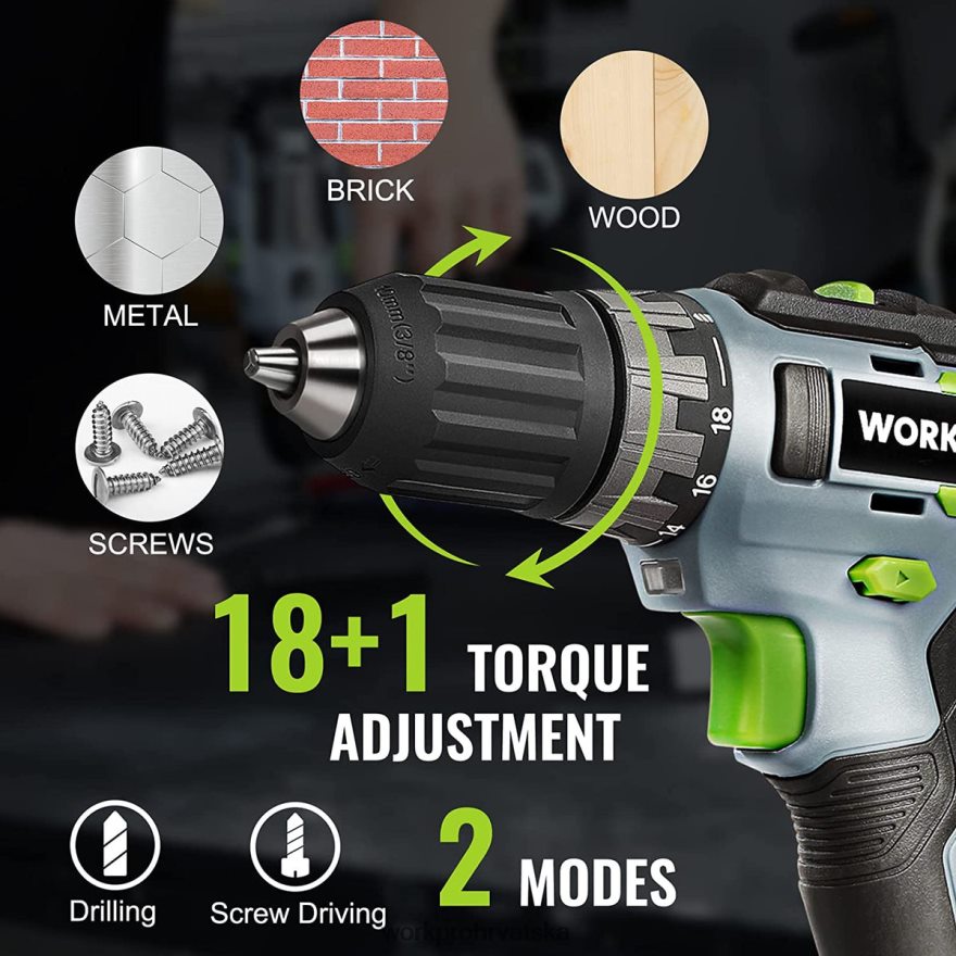 Komplet bežične bušilice od 20 V, litij-ionska baterija od 2,0 ah, brzi punjač od 1 sata i torba za pohranu od 11 inča uključeni su 404RPX176 zelena WORKPRO alat