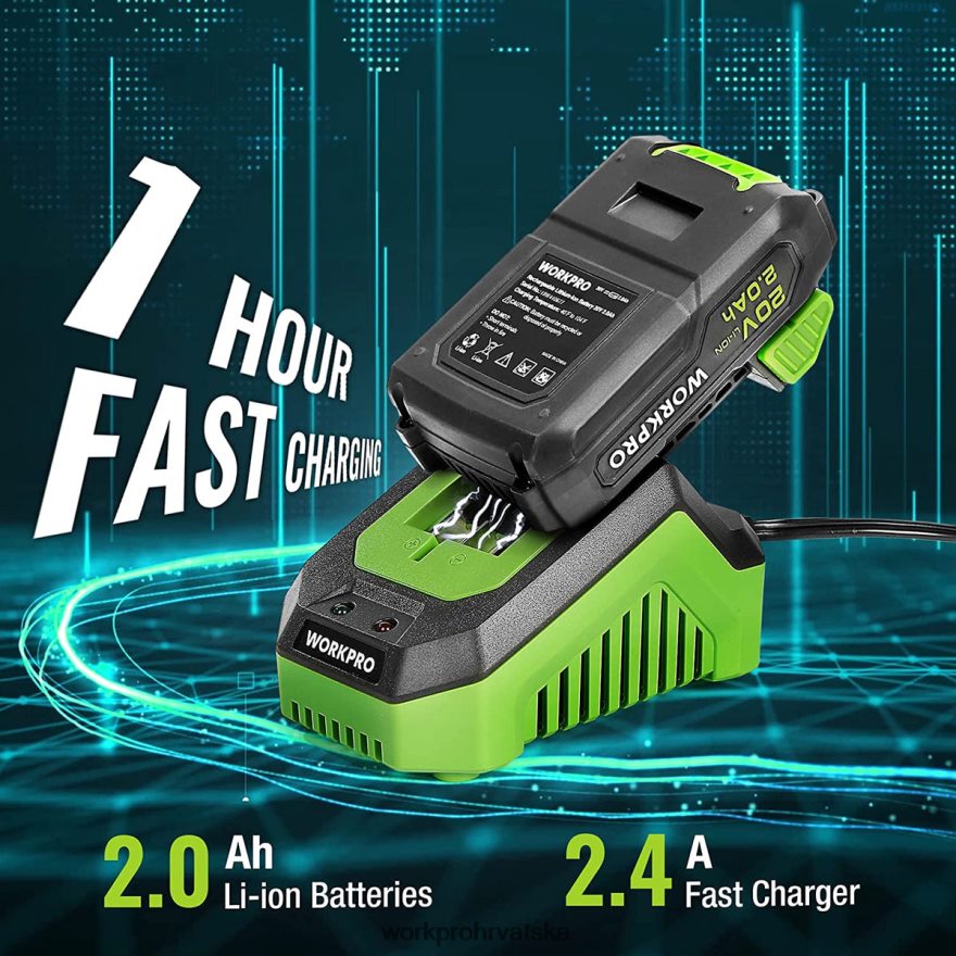 Komplet bežične bušilice od 20 V, litij-ionska baterija od 2,0 ah, brzi punjač od 1 sata i torba za pohranu od 11 inča uključeni su 404RPX176 zelena WORKPRO alat