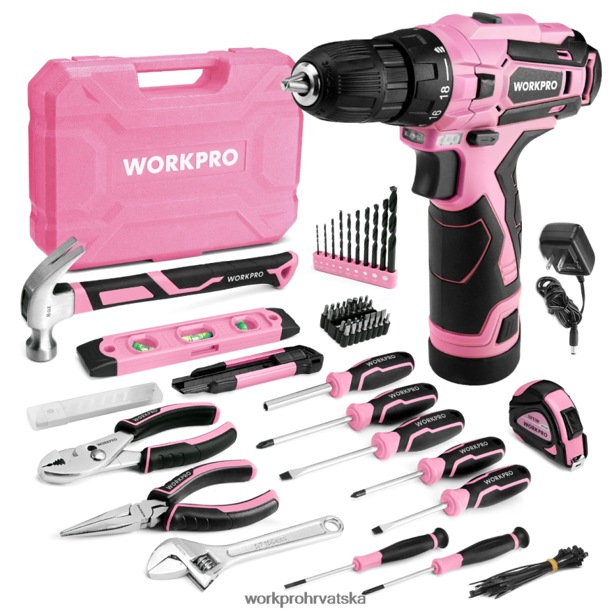 Prijenosni set alata od 108 dijelova s ​​električnom bušilicom 404RPX173 roza/siva WORKPRO alat