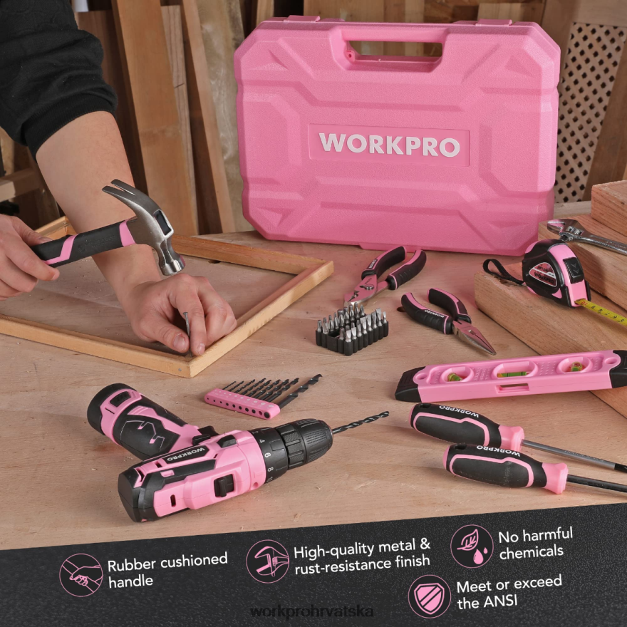 Prijenosni set alata od 108 dijelova s ​​električnom bušilicom 404RPX173 roza/siva WORKPRO alat