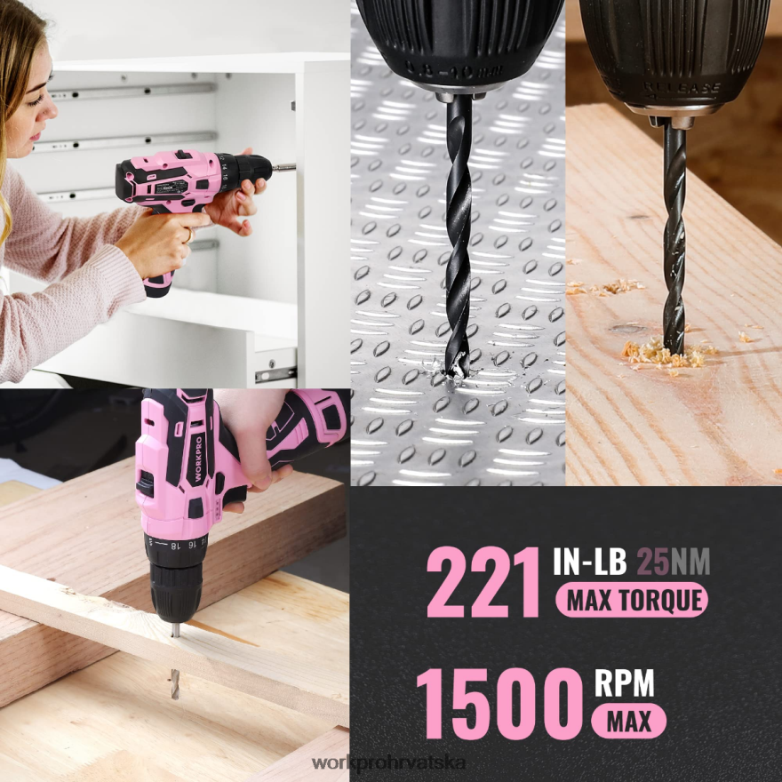 Prijenosni set alata od 108 dijelova s ​​električnom bušilicom 404RPX173 roza/siva WORKPRO alat