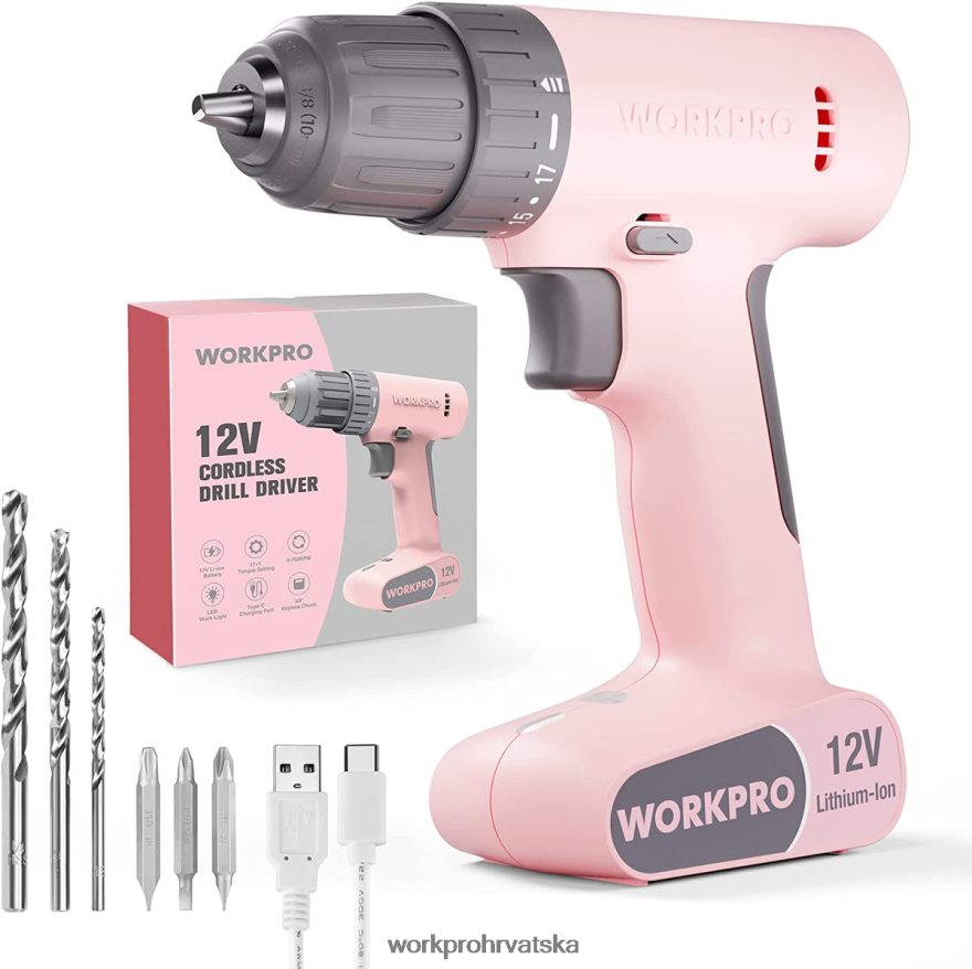 Set akumulatorskih bušilica od 12 V sa 6 bitova, brzosteznom glavom od 3/8 inča, promjenjivom brzinom, postavkom od 18 touquea 404RPX175 ružičasto/bijelo WORKPRO alat