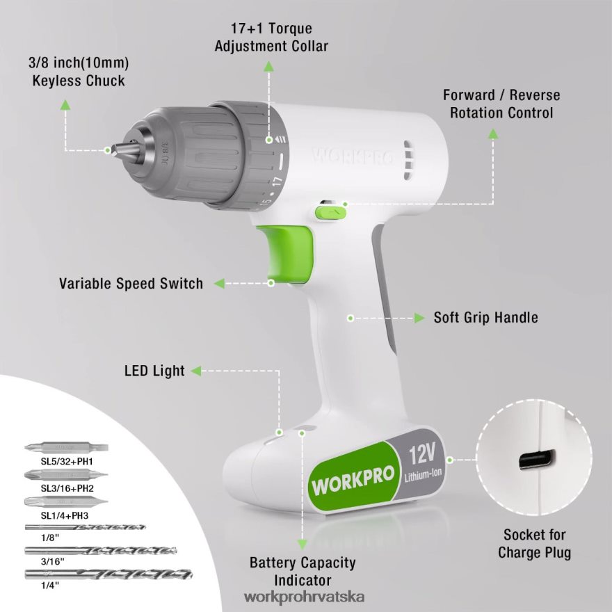 Set akumulatorskih bušilica od 12 V sa 6 bitova, brzosteznom glavom od 3/8 inča, promjenjivom brzinom, postavkom od 18 touquea 404RPX175 ružičasto/bijelo WORKPRO alat
