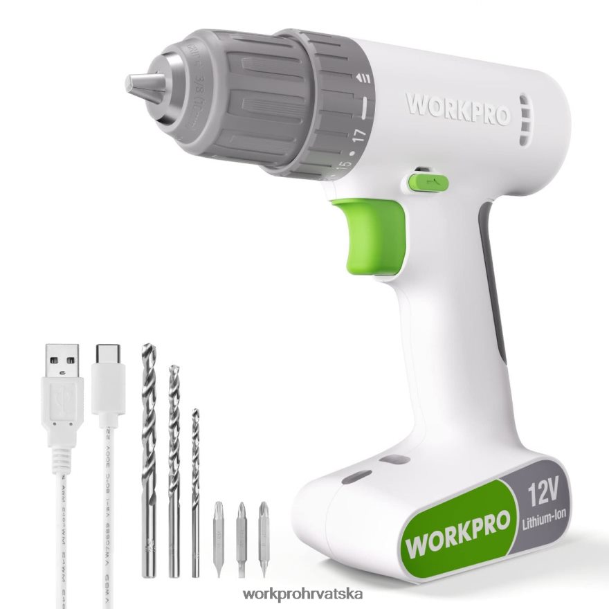 Set akumulatorskih bušilica od 12 V sa 6 bitova, brzosteznom glavom od 3/8 inča, promjenjivom brzinom, postavkom od 18 touquea 404RPX175 ružičasto/bijelo WORKPRO alat