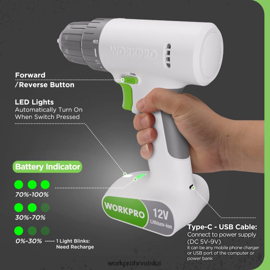 Set akumulatorskih bušilica od 12 V sa 6 bitova, brzosteznom glavom od 3/8 inča, promjenjivom brzinom, postavkom od 18 touquea 404RPX175 ružičasto/bijelo WORKPRO alat