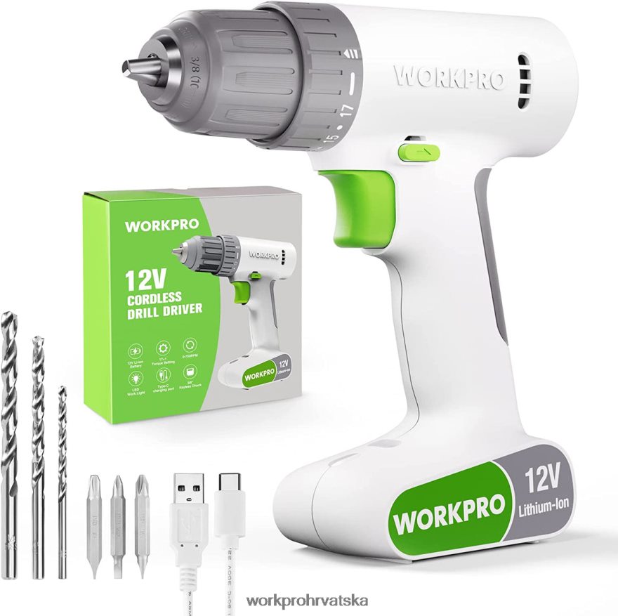 Set akumulatorskih bušilica od 12 V sa 6 bitova, brzosteznom glavom od 3/8 inča, promjenjivom brzinom, postavkom od 18 touquea 404RPX175 ružičasto/bijelo WORKPRO alat