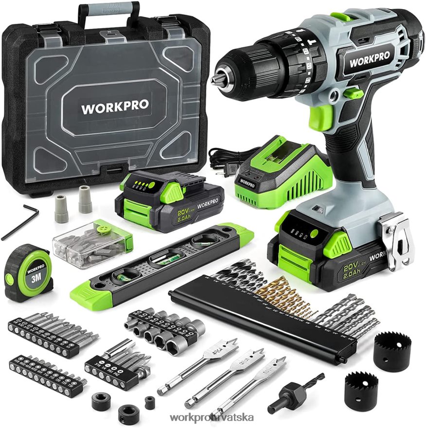 Set akumulatorskih bušilica od max. 20v, električna udarna bušilica sa priborom od 102 komada, 2 x 2,0ah Li-ion baterije s brzim punjačem 404RPX170 koristan WORKPRO alat