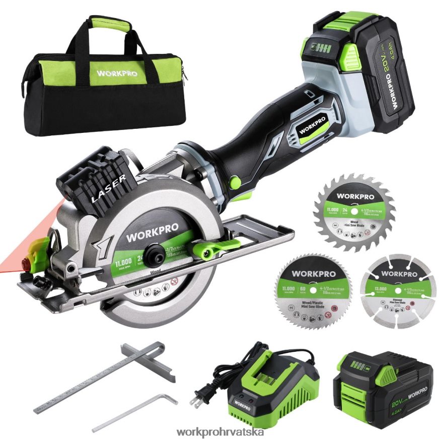 kompaktna bežična mini kružna pila, baterija 20v 4.0ah, brzi punjač, ​​3 lista pile, 4500rpm 404RPX186 koristan WORKPRO alat