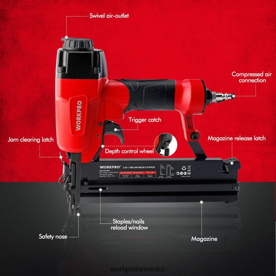 pneumatski 2 u 1 brad zabijač s 400 komada čavala/ 300 komada spajalica 404RPX181 morden WORKPRO alat
