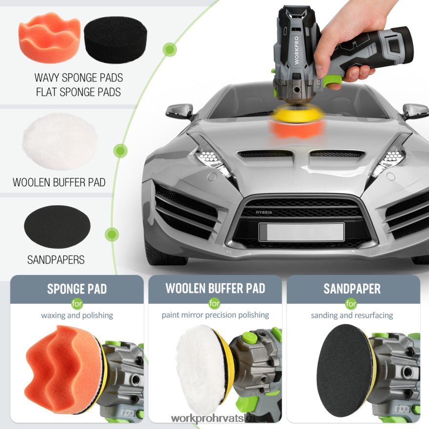 Bežični stroj za poliranje od 12 V, međuspremnik za detalje u mini automobilu i brusilica s 2 litij-ionske baterije 404RPX229 koristan WORKPRO alat