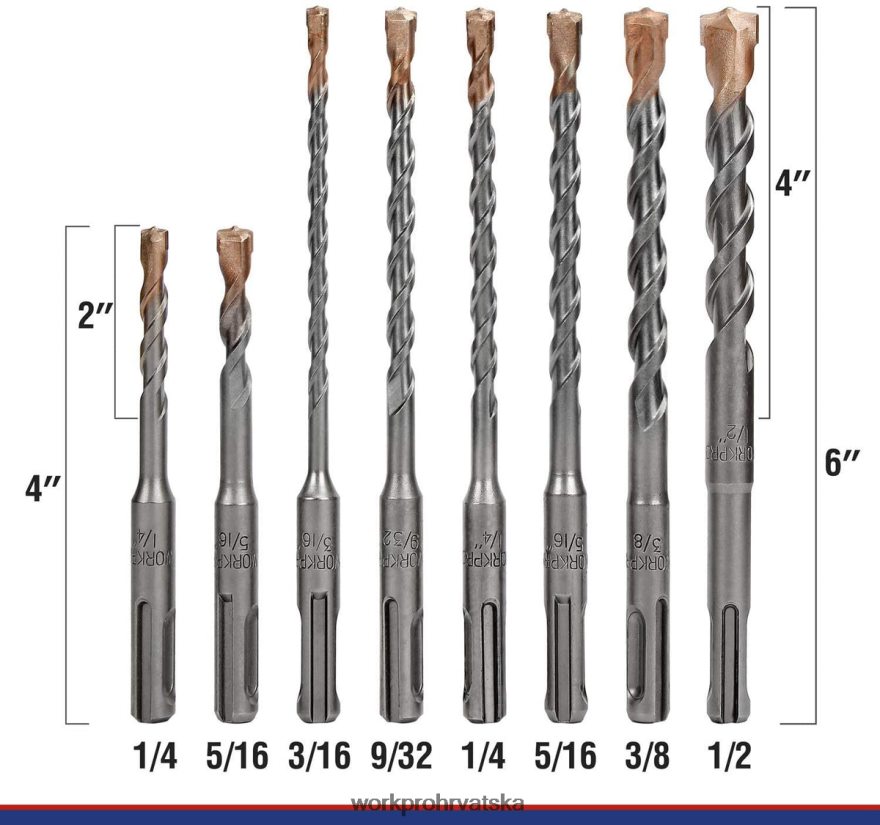 Set sds-plus svrdla od 8 komada, vrh od tvrdog metala, sds+ set svrdla s bušaćim čekićem s kutijom za pohranu za ciglu, cement, kamen i beton 404RPX205 koristan WORKPRO alat