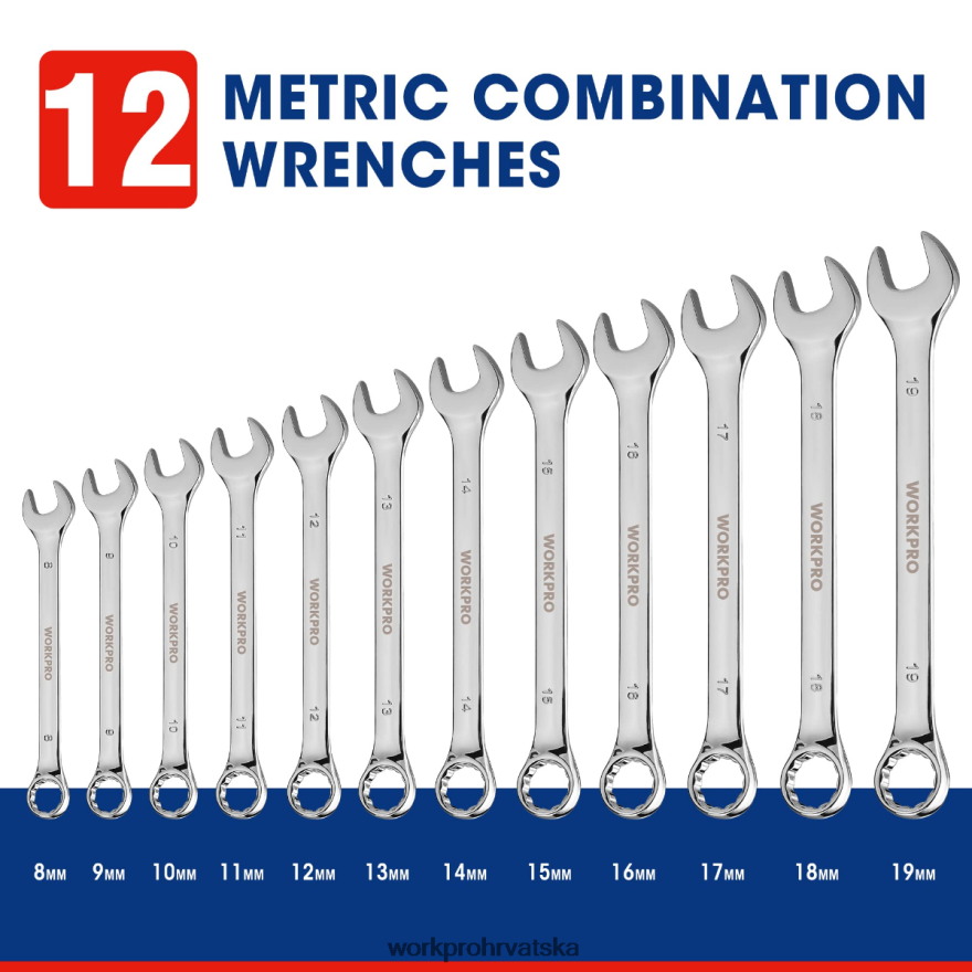 12 komada metričkih 8-19 mm, vrhunski cr-v set kombiniranih ključeva 404RPX95 novi WORKPRO alat