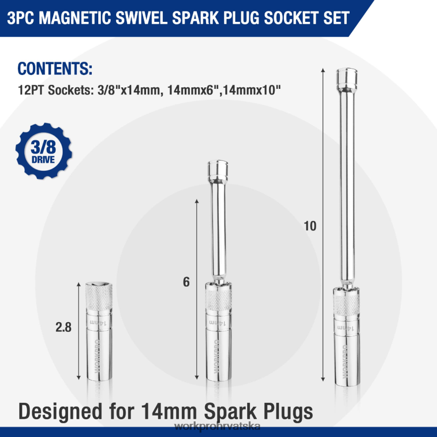 3 kom-14 mm tanke zidne utičnice s nastavcima od 6 i 10 inča Set magnetskih okretnih utičnica za svjećice 404RPX143 koristan WORKPRO alat