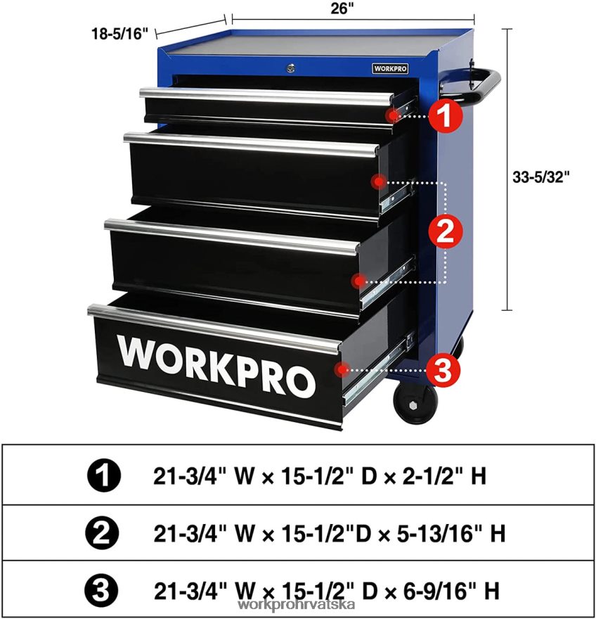 Komoda za alat s 4 ladice, ormar za pohranu alata od valjanog metala od 26 inča s kotačićima, sustav zaključavanja, obloga ladice, nosivost 450 lbs 404RPX17 morden WORKPRO skladištenje