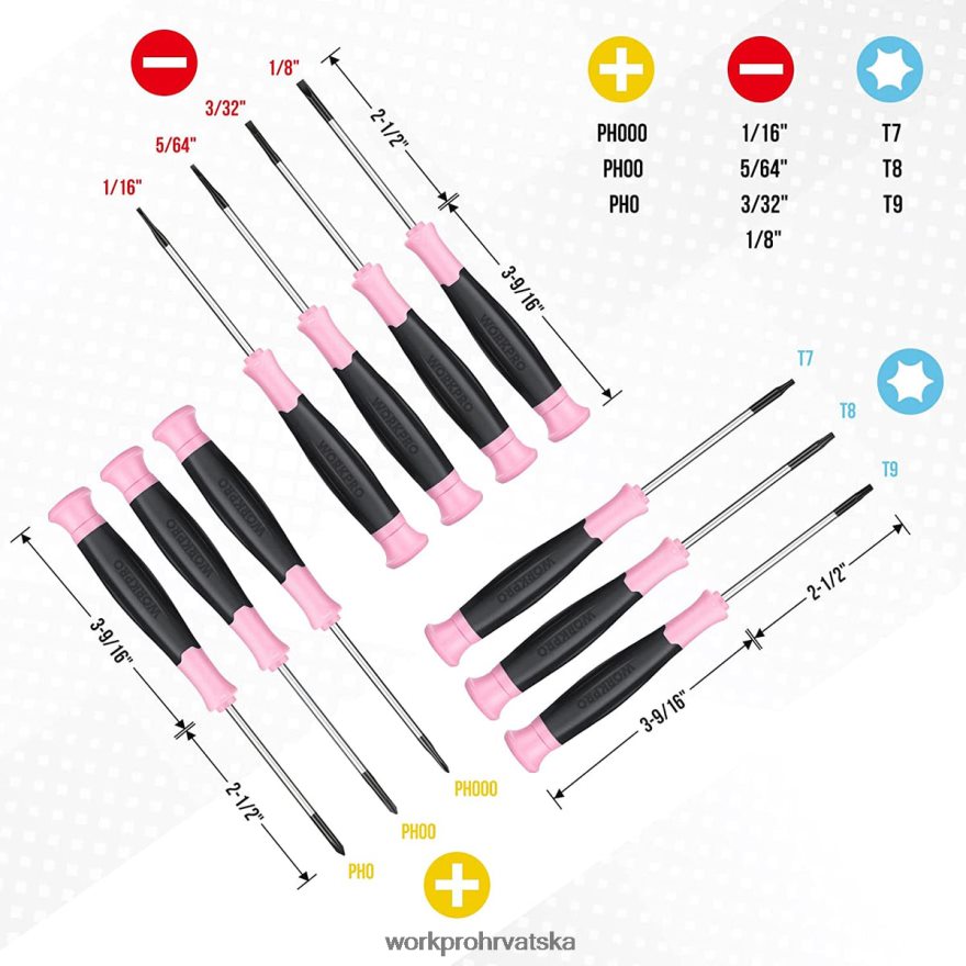 Set preciznih odvijača od 10 komada s torbicom, phillips, prorezi, torx zvijezda, mali komplet za popravak odvijača s magnetskim vrhom 404RPX255 ružičasta WORKPRO alat