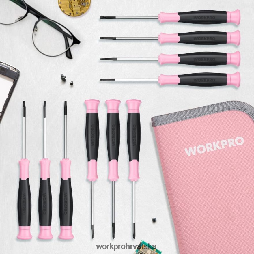 Set preciznih odvijača od 10 komada s torbicom, phillips, prorezi, torx zvijezda, mali komplet za popravak odvijača s magnetskim vrhom 404RPX255 ružičasta WORKPRO alat